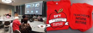 EVP Jason Posey addresses retirees, red Retirees t-shirt with DFT apple and on back Teachers Never Retire