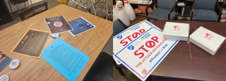 literature and signs on tables