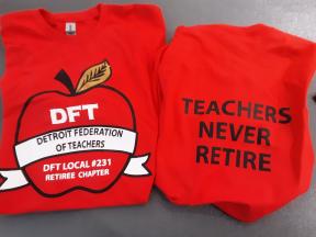 red DFT Retirees t-shirt with apple, gold leaf, back of shirt says Teachers Never Retire
