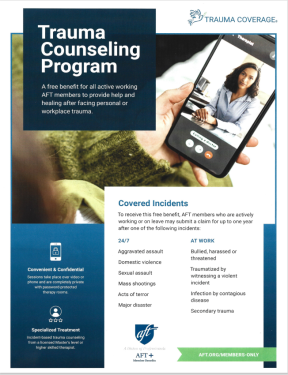 Trauma Counseling Program flyer from AFT